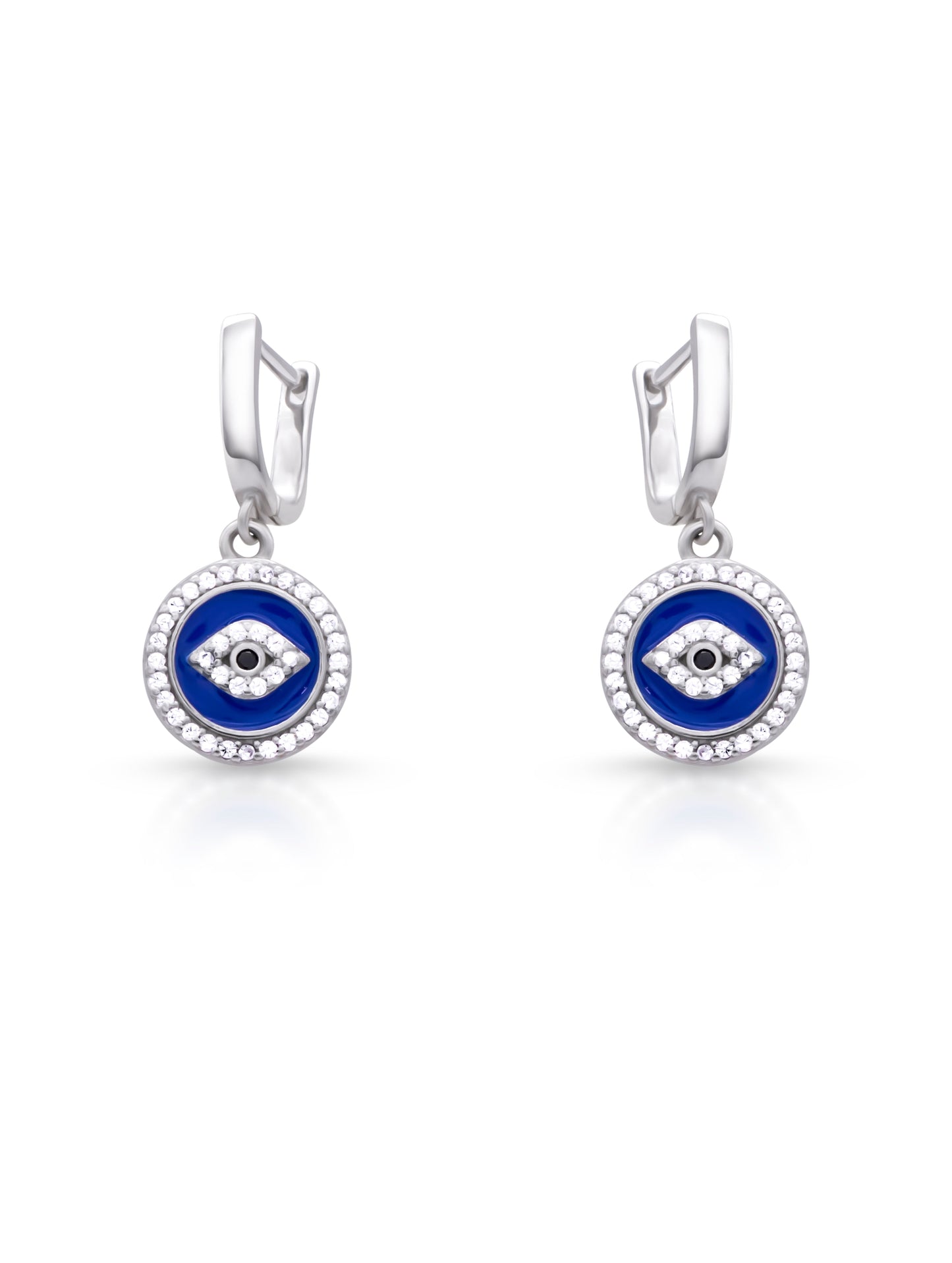 Evil Eye Silver Dangle Earrings – Blue Enamel Protection Charm Earrings for Women