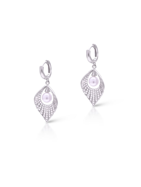 Elegant Pearl Leaf Drop Earrings | Silver CZ Dangle Earrings for Women & Girls | Party & Daily Wear Jewelry
