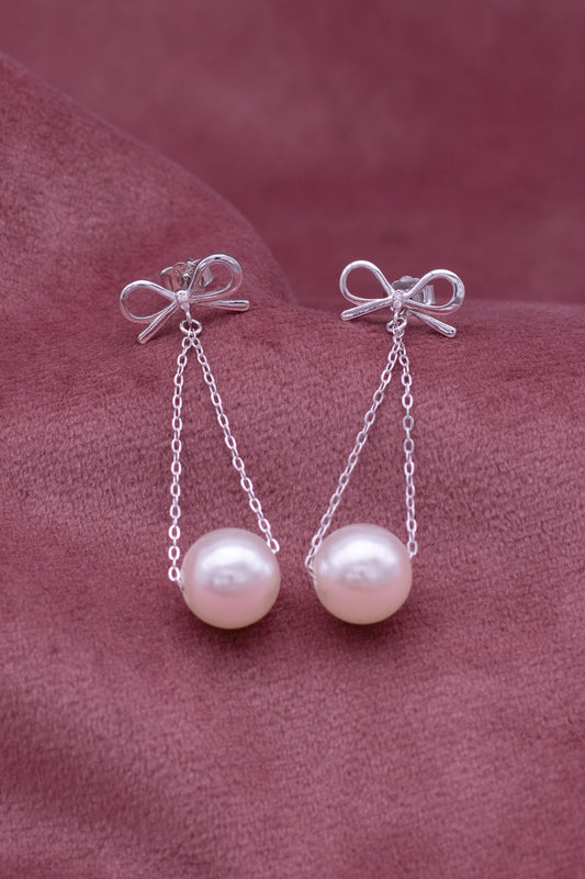 Bow Chain Pearl Drop Earrings – Elegant Silver Pearl Dangler for Women