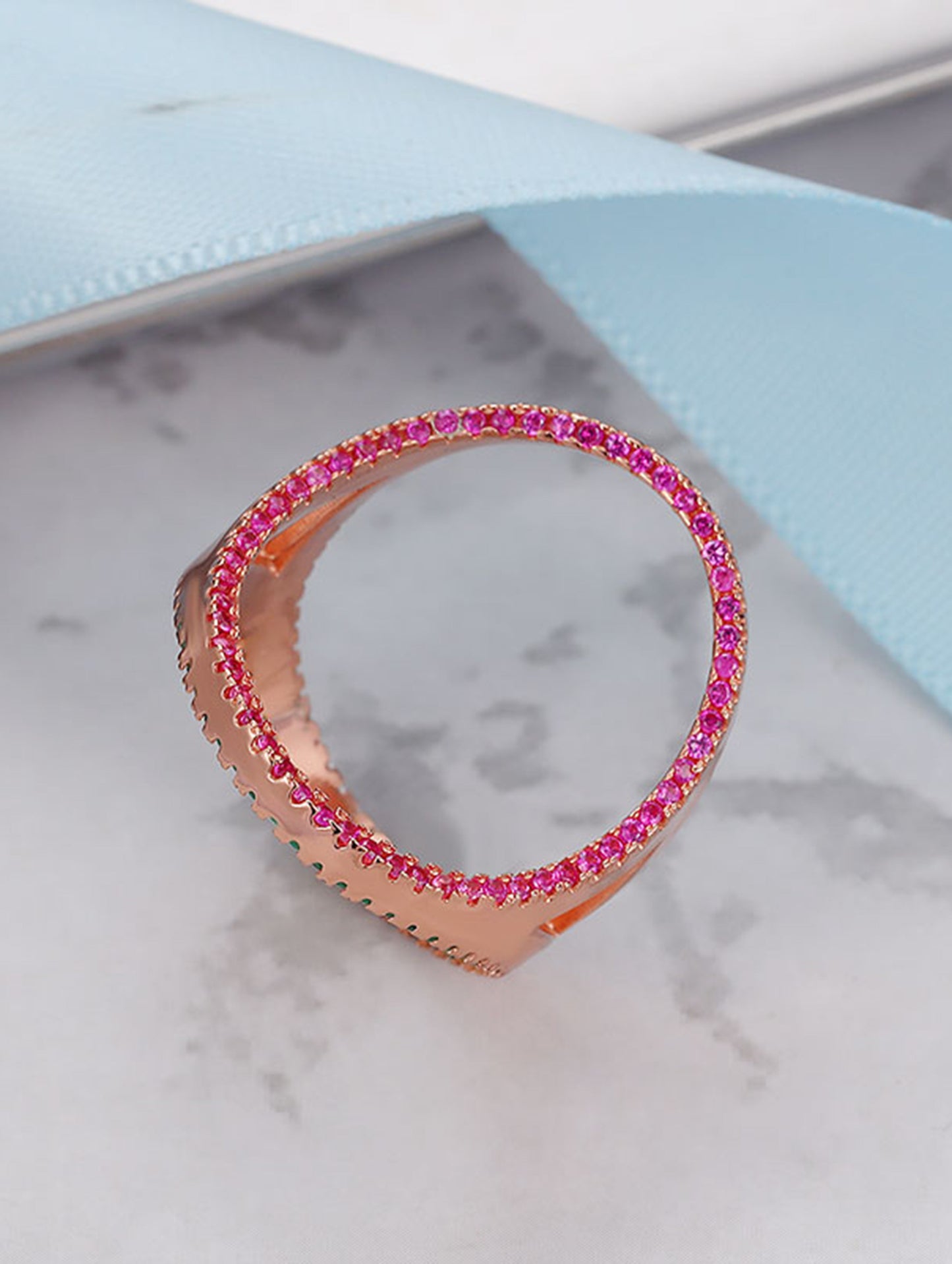 Rose Gold Pink Crystal Halo Statement Ring – Double Band Geometric Fashion Jewelry