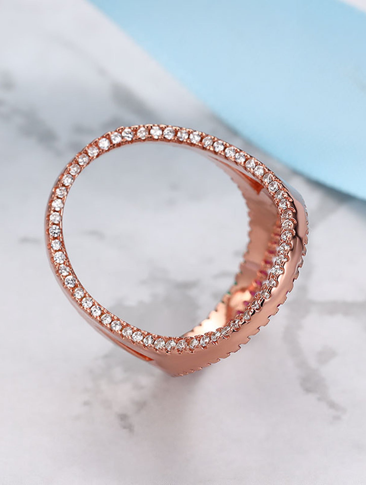 Rose Gold Pink Crystal Halo Statement Ring – Double Band Geometric Fashion Jewelry