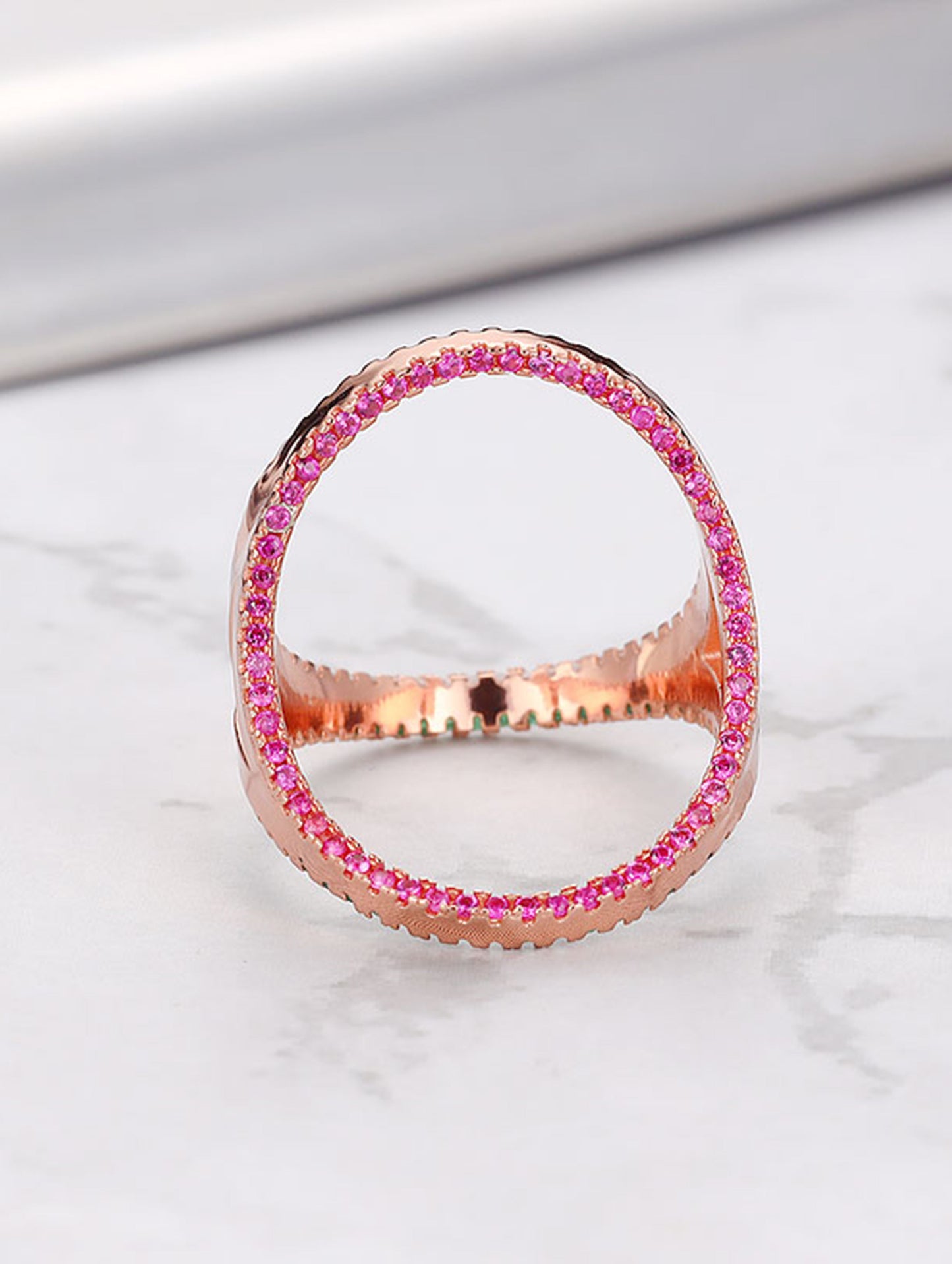 Rose Gold Pink Crystal Halo Statement Ring – Double Band Geometric Fashion Jewelry