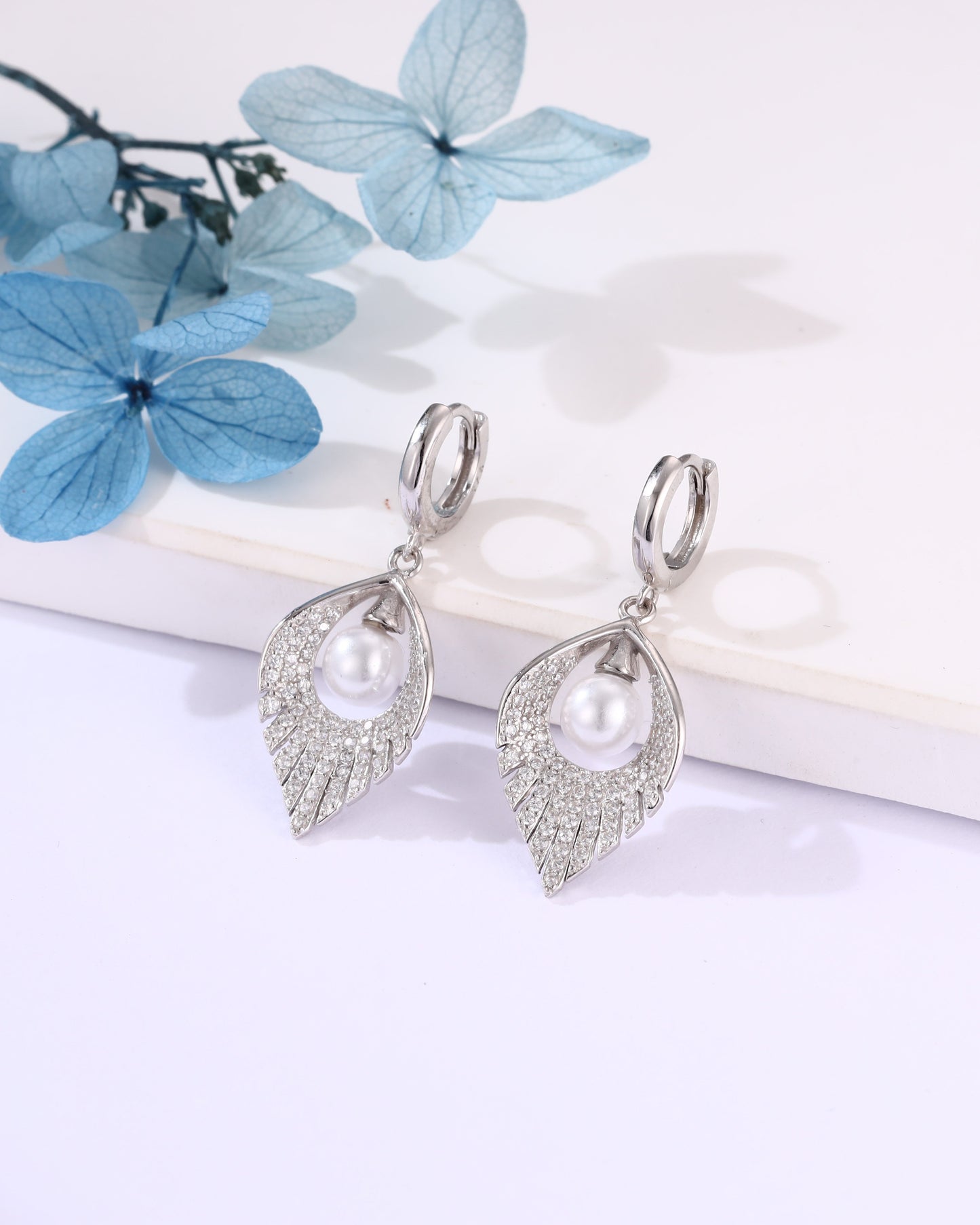 Elegant Pearl Leaf Drop Earrings | Silver CZ Dangle Earrings for Women & Girls | Party & Daily Wear Jewelry